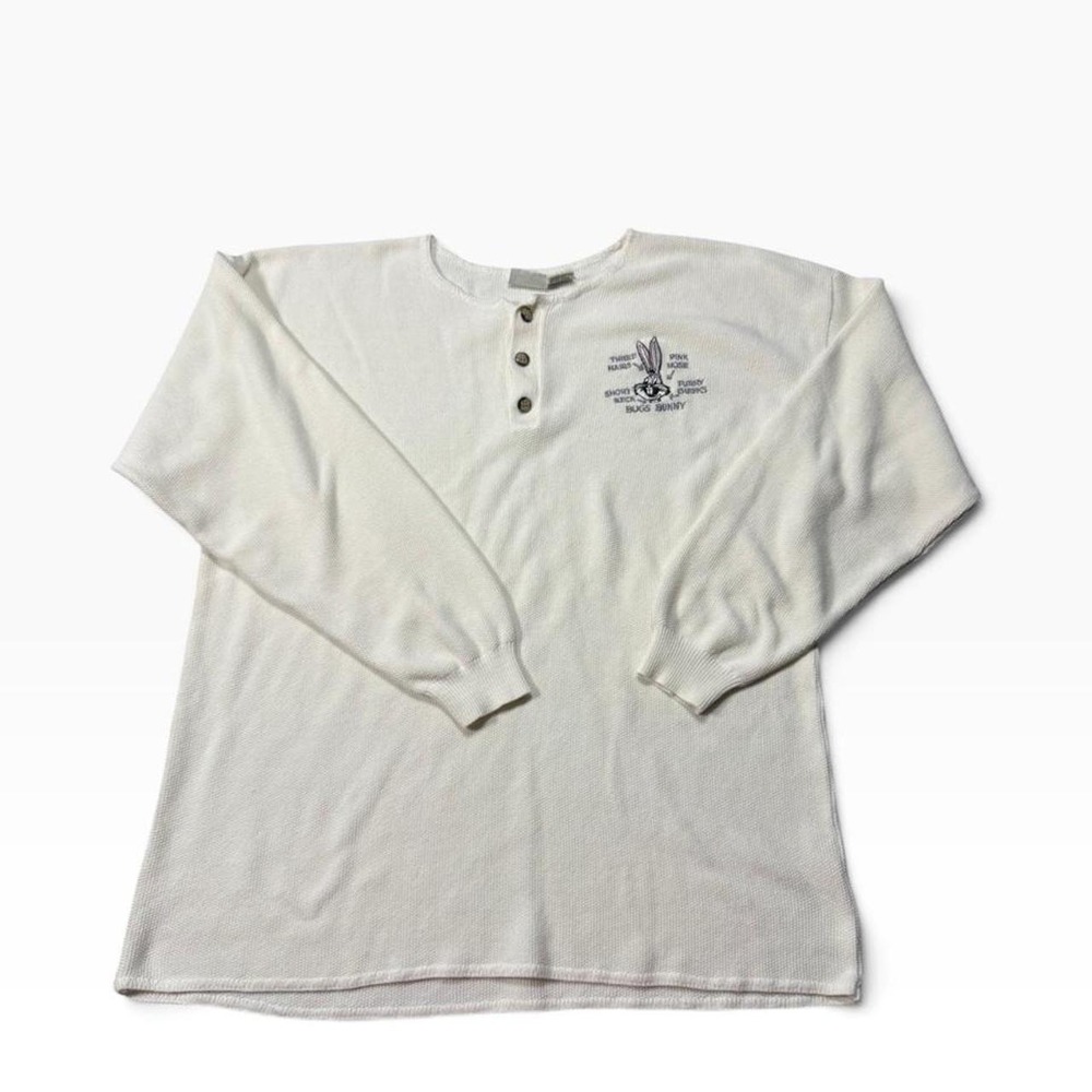 Vintage Looney Tunes Bugs Bunny embroidered waffle knit thermal Henley white XL